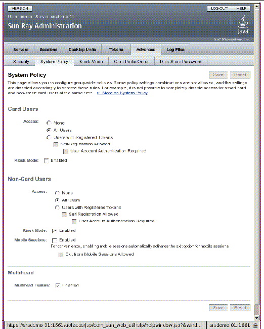 Card user and multihead policy settings