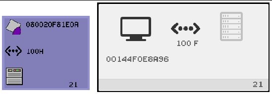 Sun Ray symbol, Ethernet address, double arrow next to 100H (connection speed), and an icon code 21