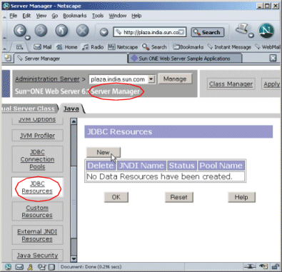 Figure showing the JDBC Resources page.