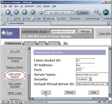 Figure showing the Add Listen Socket interface.