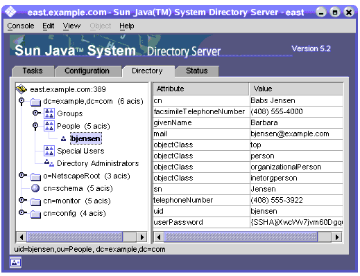 Top-level Directory tab of the Directory Server console showing the directory tree in the left-hand panel and attribute values in the right-hand panel