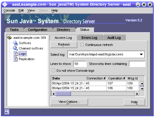 Top-level Status tab of the Directory Server console showing as an example the contents of a log file