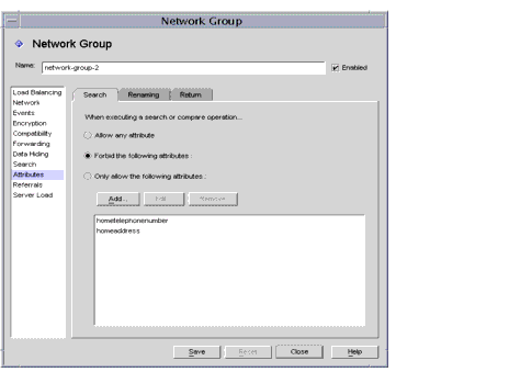 Directory Proxy Server  Configuration Editor Network Groups Attributes/Search window.