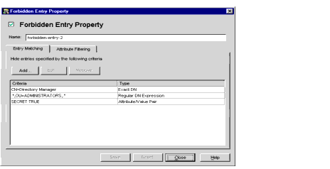 Directory Proxy Server Forbidden Entry Properties Entry Matching window.