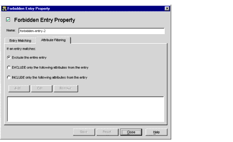 Directory Proxy Server  Configuration Editor Forbidden Entry Properties Attribute Filtering window.