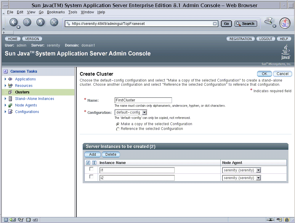 Create Cluster page showing cluster name, configuration,
and server instances to be created. 