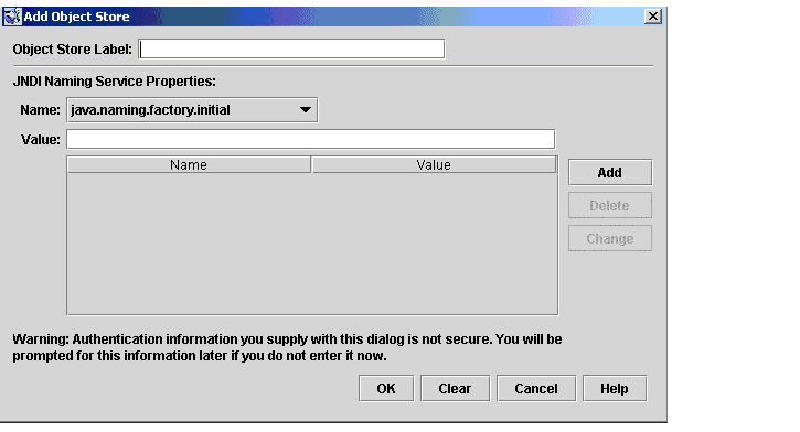 Add Object Store dialog. Buttons from left to right: OK, Clear, Cancel, Help.