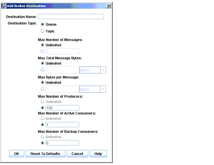 Add Broker Destination Dialog. Buttons from left to right: OK, Reset To Defaults, Cancel, Help.