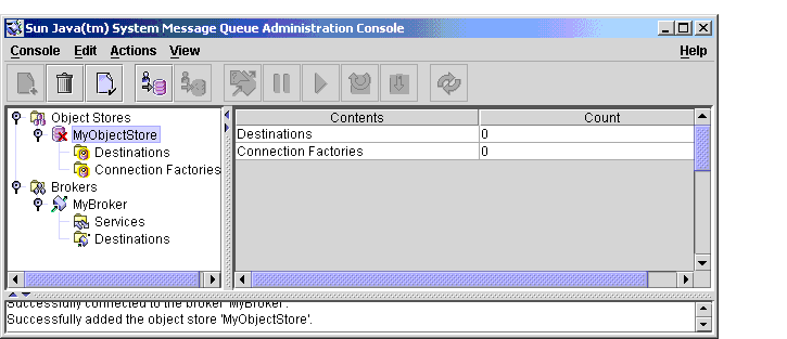 Message Queue Administration Console window. Object store node selected in tree view pane.