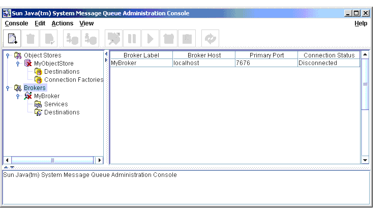 Message Queue Administration Console window. Broker selected in tree view.