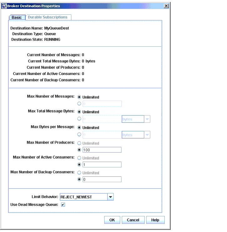 Broker Destinations Properties dialog. Buttons from left to right: OK, Cancel, Help.