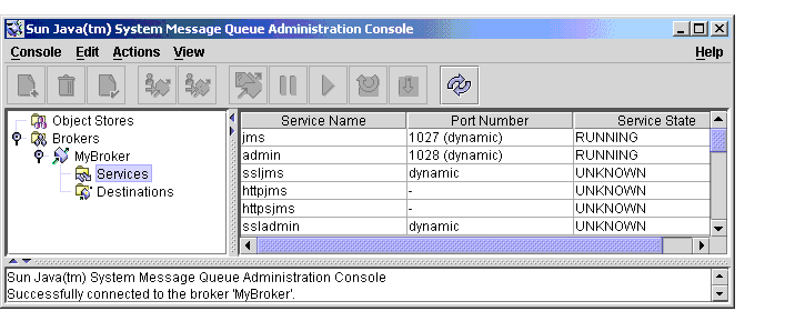 Message Queue Administration Console window. Broker services node selected. Contents of node displayed in the contents pane.