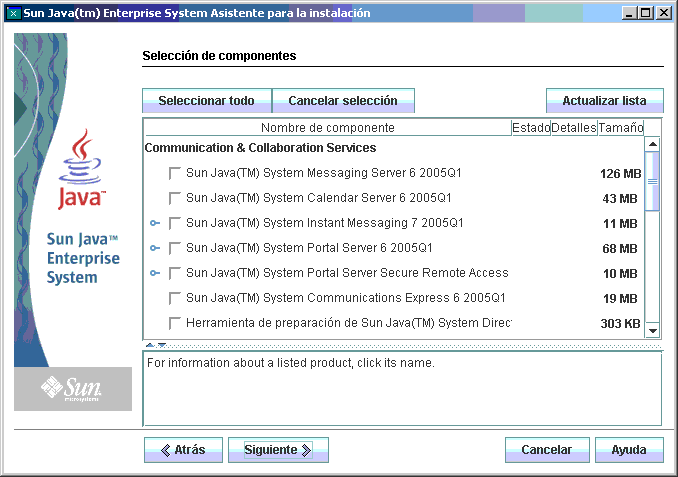 Captura de pantalla de ejemplo de la página de selección de componentes del programa de instalación.