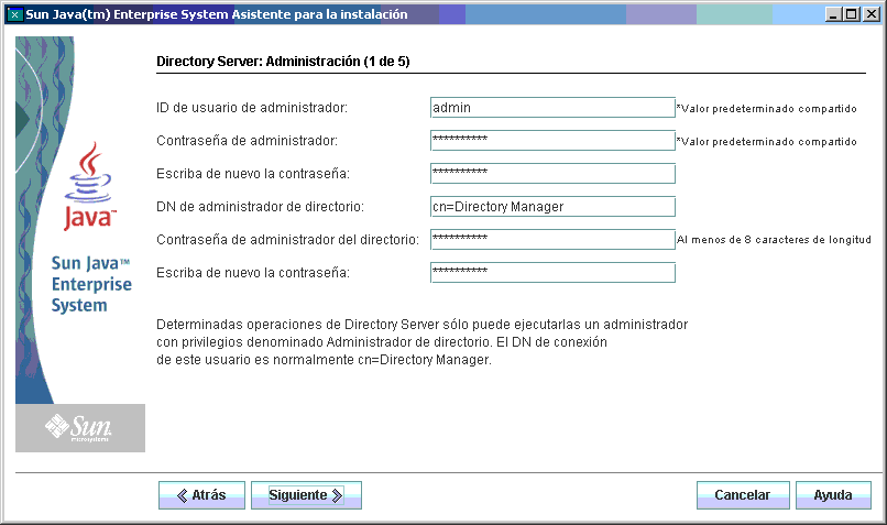 Captura de pantalla de ejemplo de la página "Directory Server: Administración (1 de 5)"  del programa de instalación.
