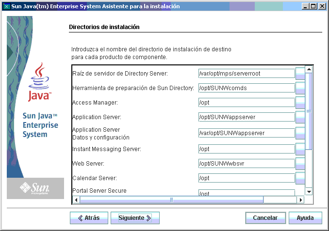 Captura de pantalla de ejemplo de la página Installation Directories (Directorios de instalación) del programa de instalación.