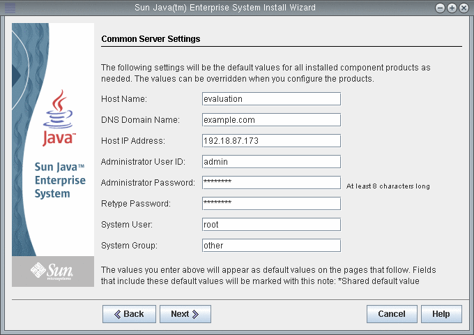 Bildschirmabbildung; die im Text beschriebenen Felder sind mit den Werten für den Computer ausgefüllt, auf dem die Installation erfolgt.