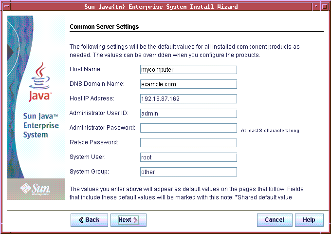 Esta es la página de valores de configuración comunes del servidor.