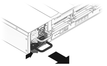 Figure showing removal of a power supply feom a T5220 server.
