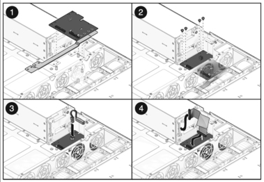 Figure showing installation of a power distribution board in a T5220 server.