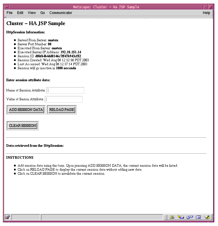 Cluster JSP sample application page served from web server