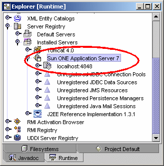 Figure showing Sun ONE Application Server 7 showing up beneath the Intalled Servers icon in Runtime window