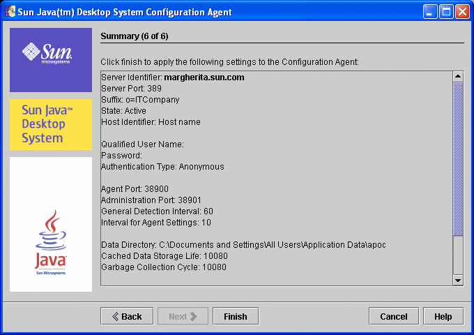 Configuration Agent, Summary Page