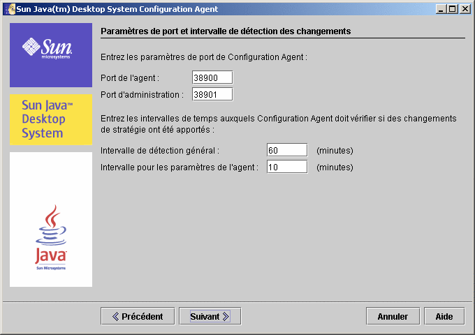 Configuration Agent, paramètres de port