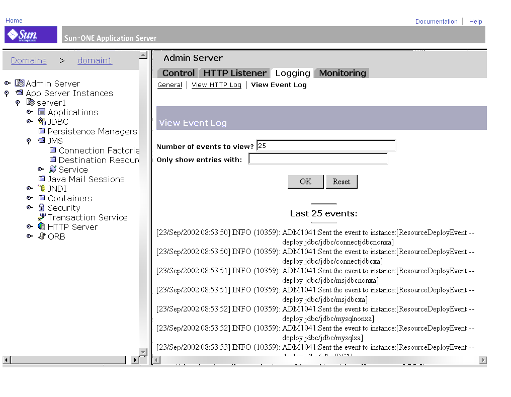 Figure shows the Admin Server View Event log.