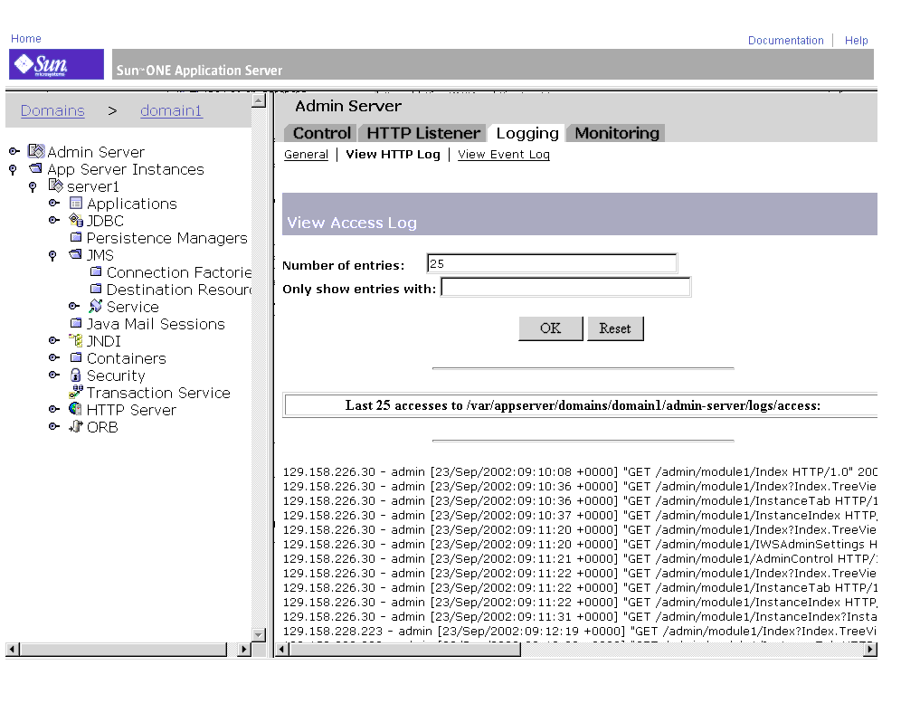 Figure shows the View HTTP log for the Admin Server.