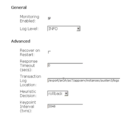 Figure shows the configurable Advanced Service options for the Java Transaction Services.
