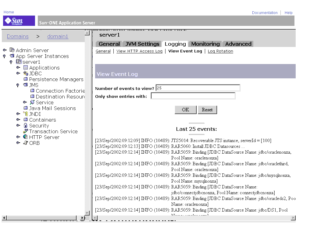 Figure shows the View Event Log for the Application Server instance.