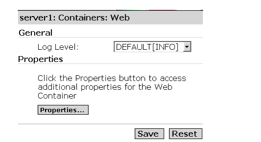 Figure shows the Web Container log level setting. 