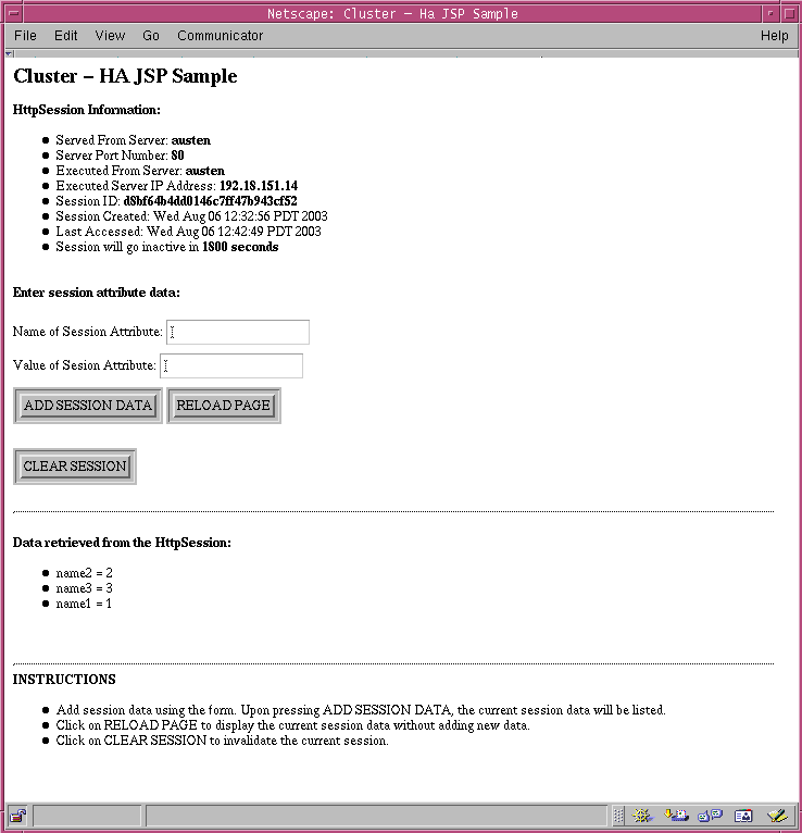 Cluster JSP sample application with multiple HTTP session attributes