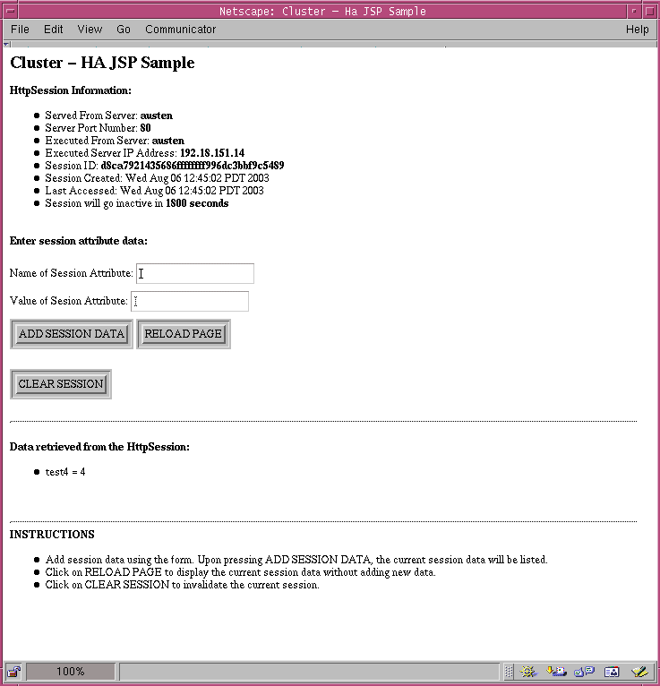 Cluster JSP sample application with new session information