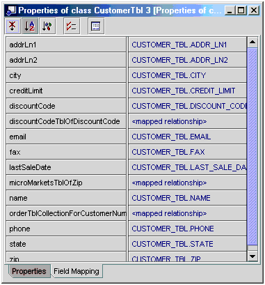 The screen capture shows the field mapping properties for a persistence-capable class.