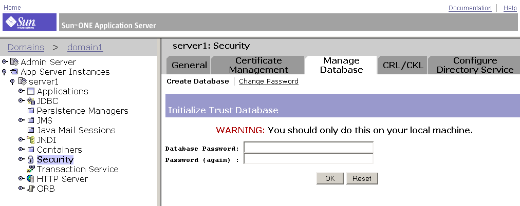 This screen capture shows the page for creating a trust database (key-pair file). 