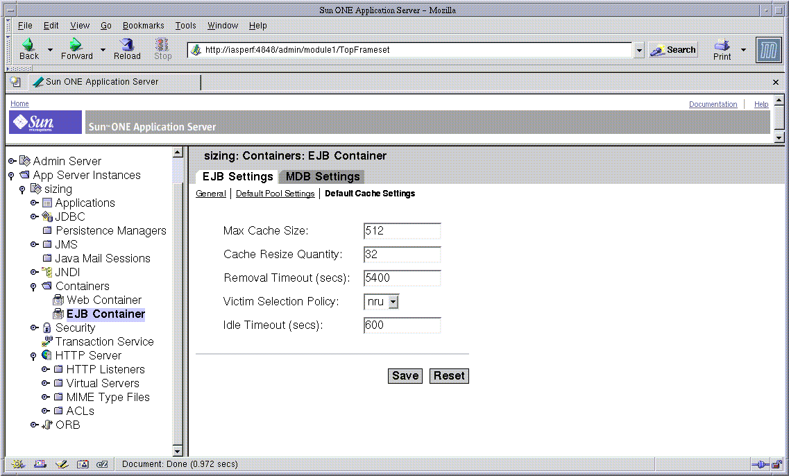 Figure shows the Administration interface for tuning the EJB cache for the container as a whole.