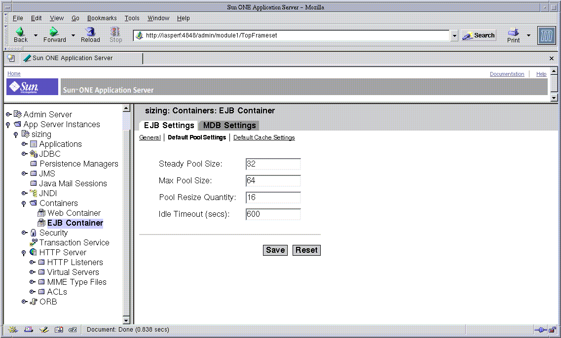 Figure shows the Administration interface for tuning the EJB pool for the server instance.