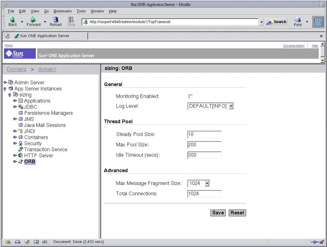 Figure shows how to tune the ORB Properties using the Administration Interface.