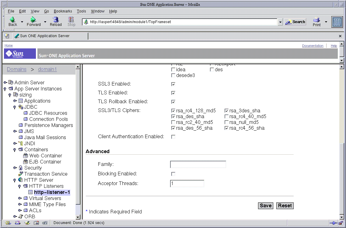 Figure shows the Administration interface for the acceptor threads