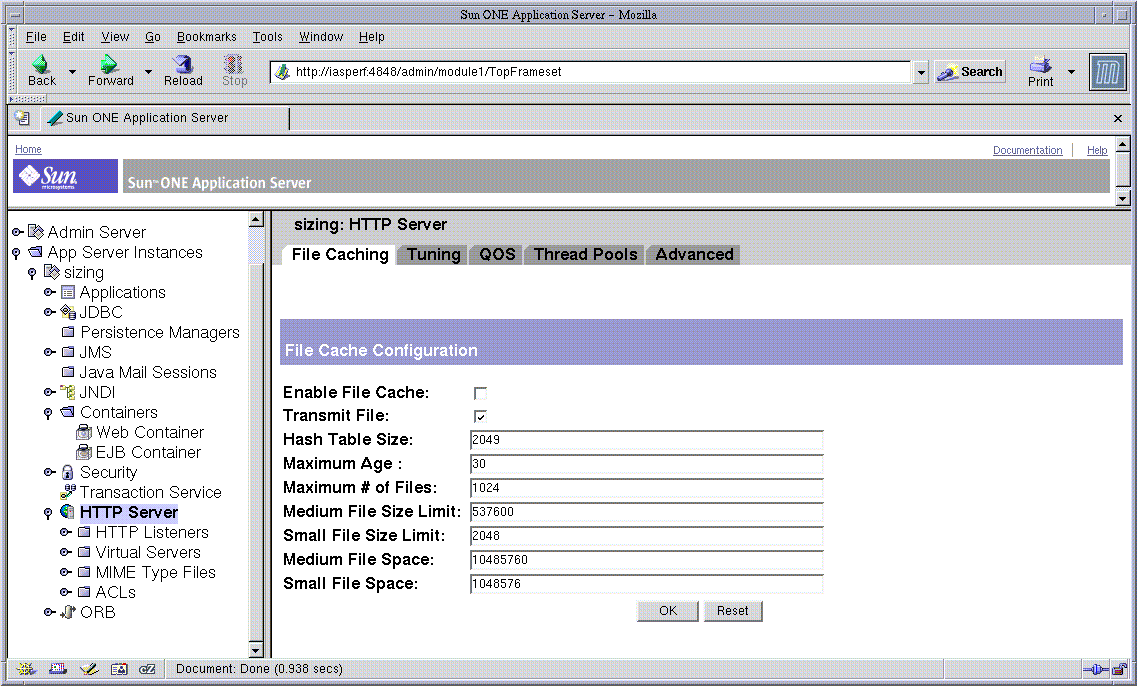 Figure shows the Administration interface for configuring the file cache system.