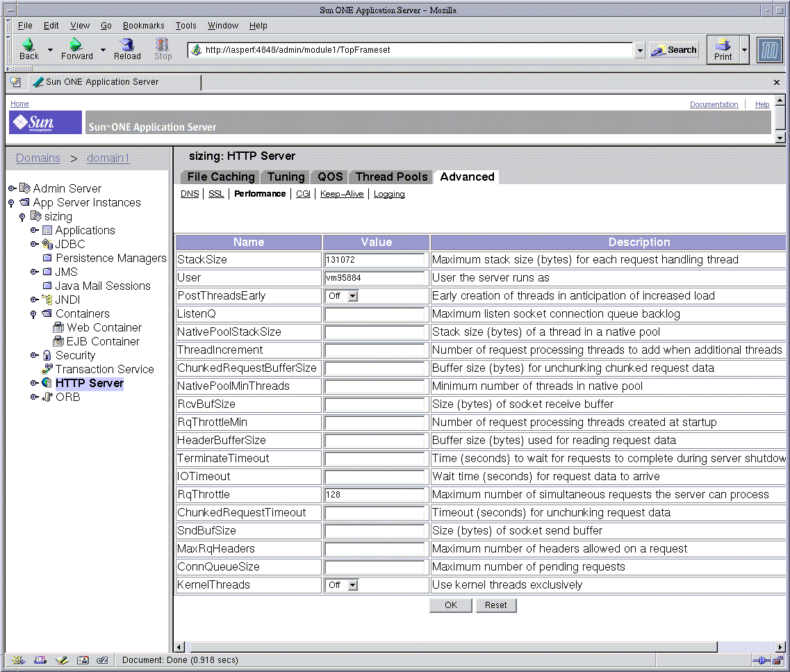 Figure shows the Administration interface for tuning the HTTP Server.