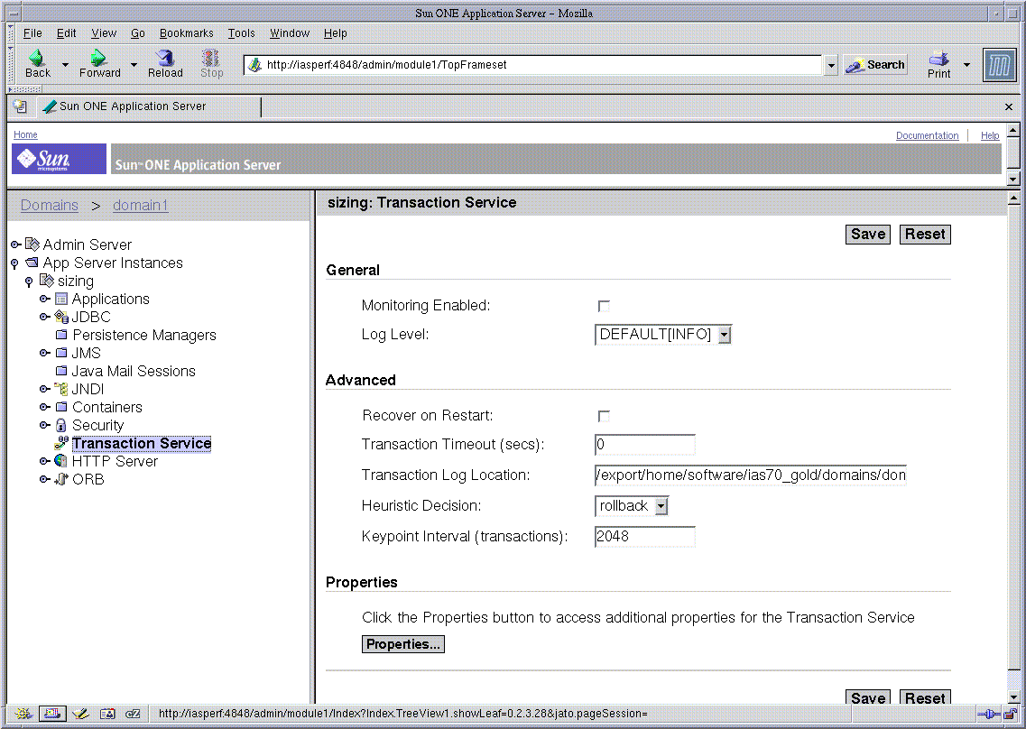 Figure shows the Administration interface for configuring the transaction manager.