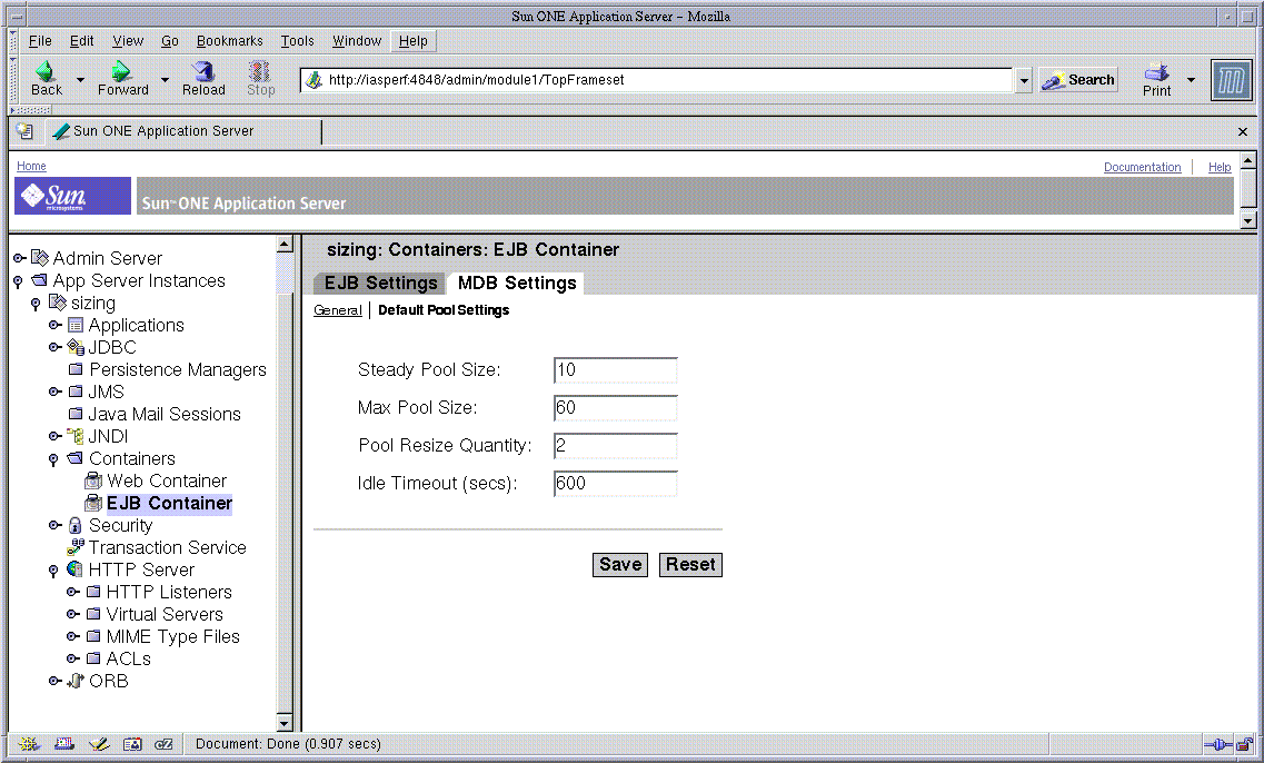 Figure shows the Administration interface for tuning the pool for message driven beans.