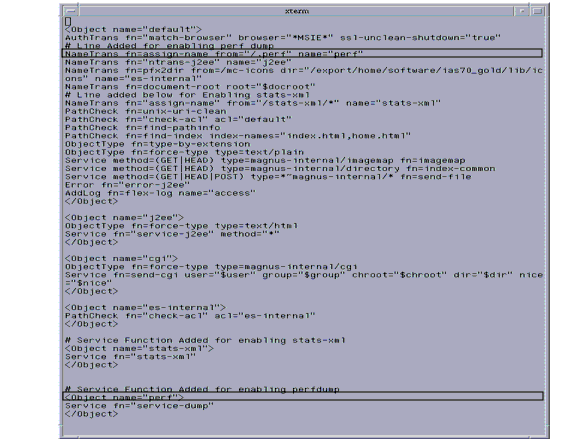 Figure provides a sample of the <instancename>-obj.conf file with the perfdump utility configured.