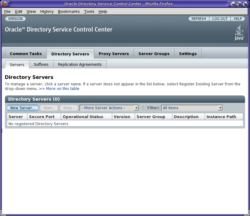 Directory Servers tab for Directory Service Control Center