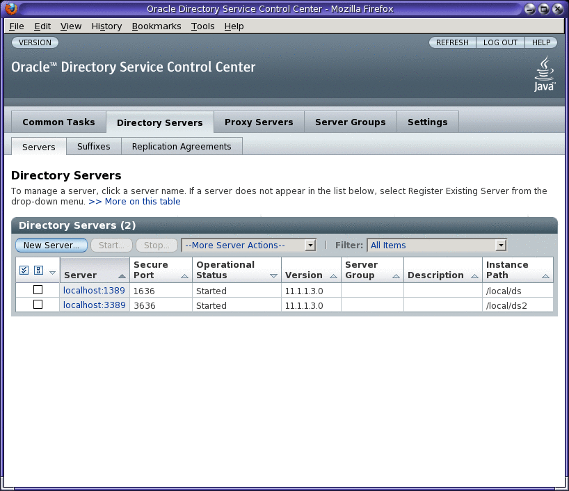 Screen capture showing a list of Directory Serverservers.