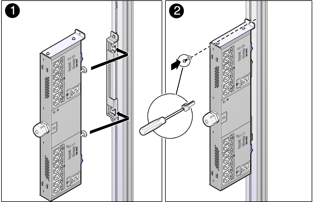 image:Figure showing how to install the compact PDU to the side                                 mounting bracket and then secure the top mounting bracket to the                                 frame with a screw.