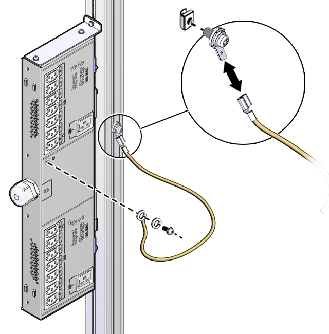 image:Figure showing how to install the grounding strap connector to                                 the rear rail, and how to connect the strap to the                                 connector.