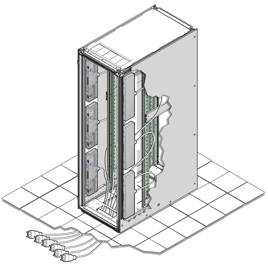 image:Figure showing how to route the Compact PDU power cord down                                 through a cutout on the bottom of the floor.